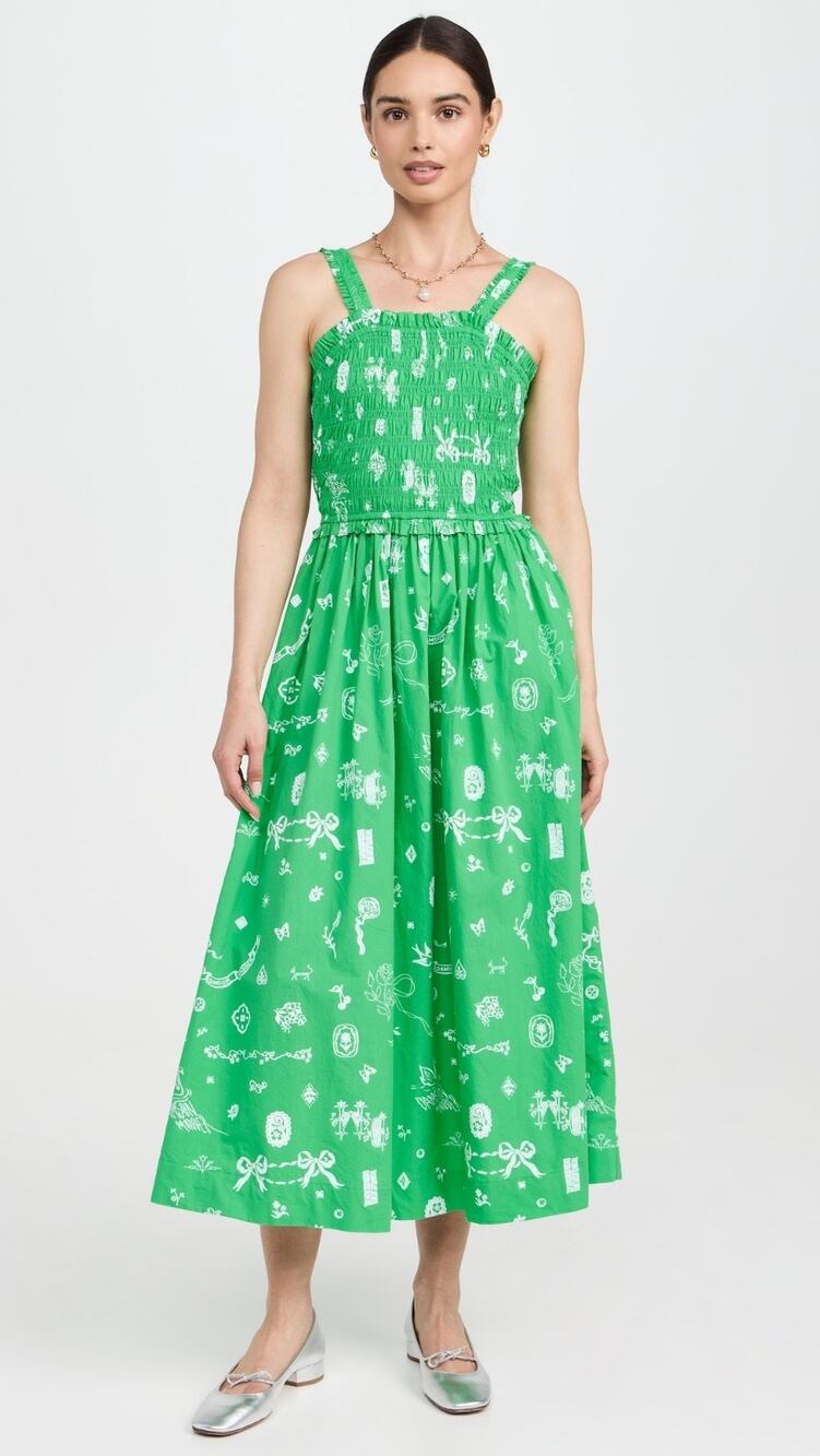Damson Madder Keira Shirred Green Organic Cotton Midi Dress US 8